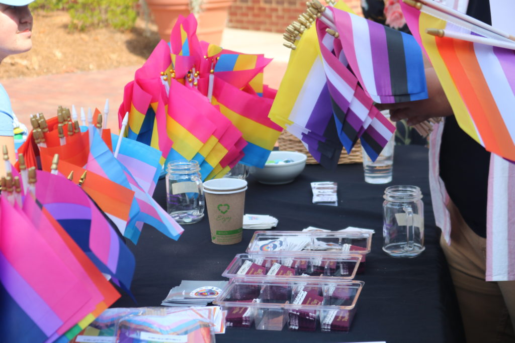 A table display with pride flags and pronoun badges are laid out for Elon students and community members to take in order to represent and take pride in their identities.